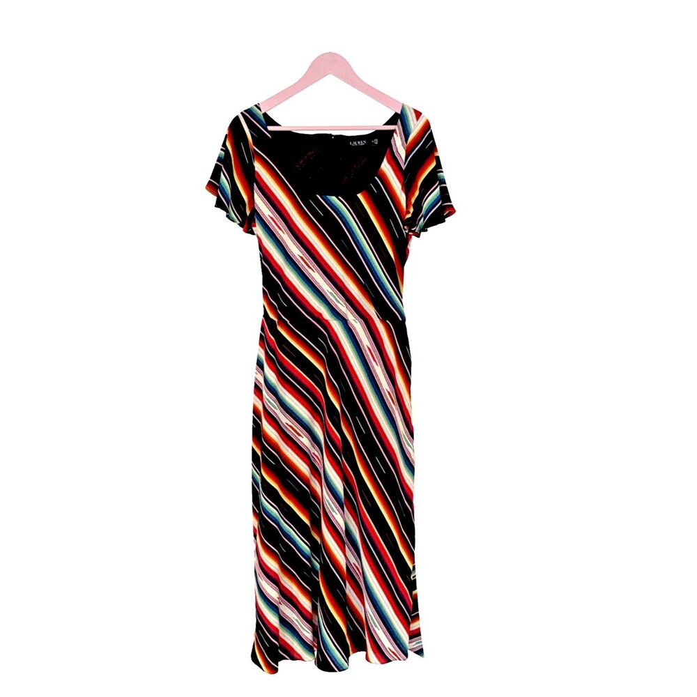 🖤RALPH LAUREN Womens Sz 10 Rainbow Stripe Scoop Neck A-Line Dress NWOT